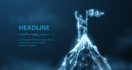 Man stands on the top of digital mountain. Company leader, Achieve victory, Challenge triumph, Technology winner, Business growth, Leadership concept, Entrepreneurial success, Digital success concept  © NeonGridStudio