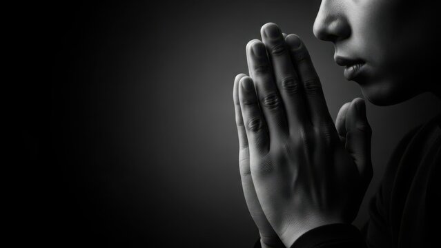 Praying hands show deep spiritual devotion, a moment of silent contemplation. Devotional praying hands express faith, hope, profound reverence. Image praying hands conveys peace, introspection,