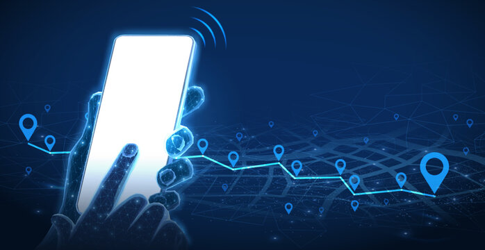 Phone mockup in hand and pins connected. Phone mobile app, gps tracker, geo location, uber route, pin pointer, navigation plan, online search, taxi app service concept.

