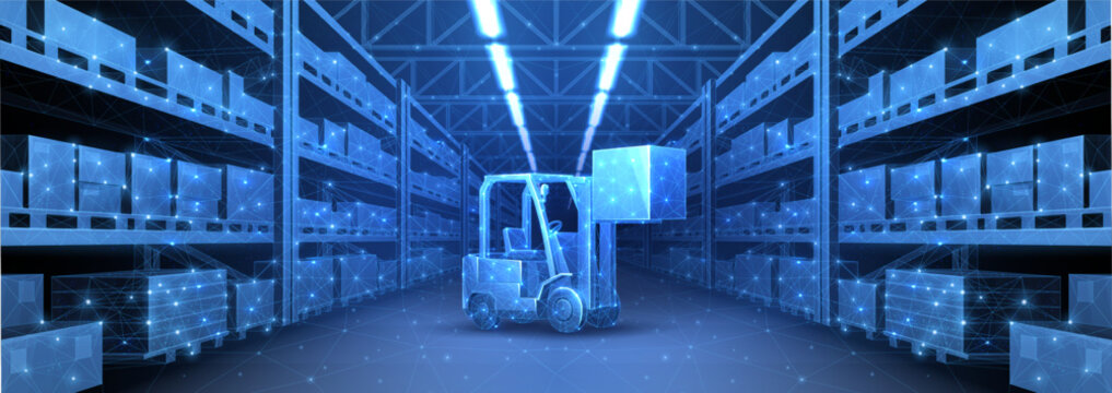 Digital warehouse. Automatic stock storage, modern distribution building, ecommerce warehouse, digital logistics, smart package hardware, AI delivery system, innovation in cargo, commercial storehouse