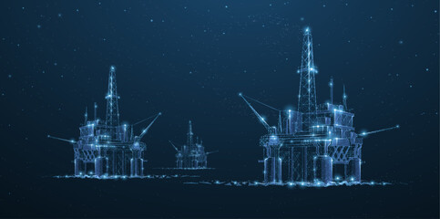 Oil rigs. Abstract 3d floating rig platform isolated on blue. Gas platform, offshore drilling, refinery plant, petroleum industry, energy resource, innovation well drilling, oilfield equipment concept © NeonGridStudio