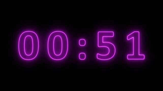 Glowing neon purple digital timer displaying 00 minutes and 53 seconds against a stark black background with a soft luminous glow effect