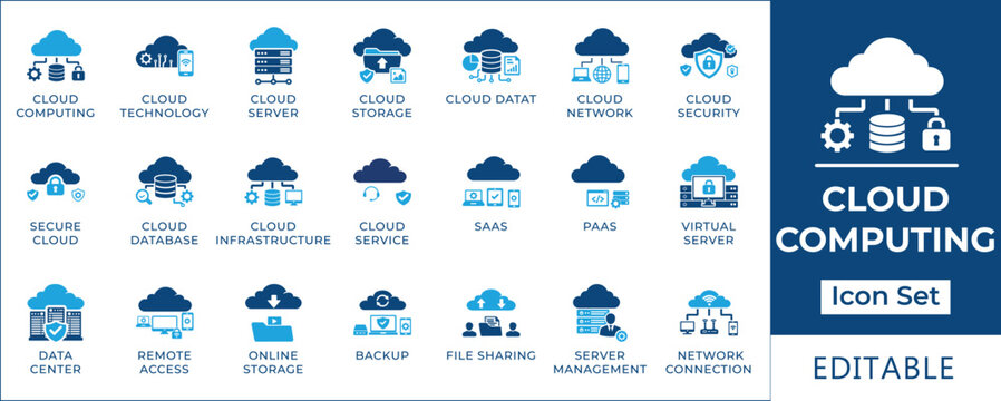 Cloud computing icon set featuring cloud storage, database, network infrastructure, SaaS, PaaS, data center, backup, remote access, server management, and secure cloud symbols.