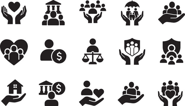   Social policy icon set showing welfare and public services symbols in clean vector illustration style.