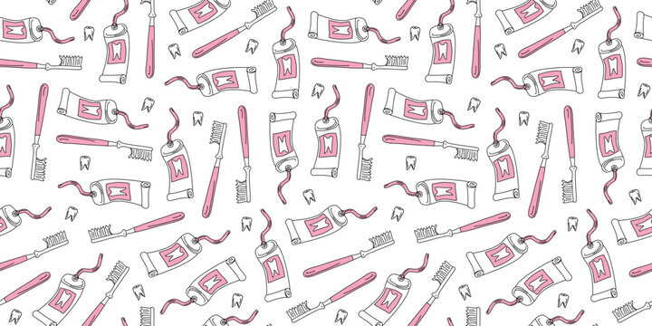 Cartoon teeth, toothpaste, and toothbrush. Seamless pattern. Drawings, doodles. Dental care. Dentistry, hygiene, and dental health products. Vector background.