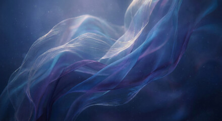 Fototapeta premium Flowing Ethereal Fabric Waves in Deep Blue and Purple Tones Abstract Design with Subtle Particles isolated on transparent background