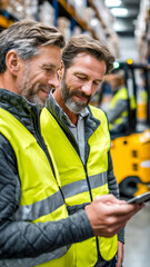 Fototapeta premium Warehouse Teamwork: Two Men Review Inventory on Tablet for Supply Chain