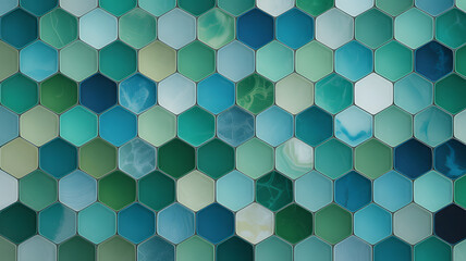 Fototapeta premium A vibrant mosaic pattern of hexagonal tiles in various shades of blue and green