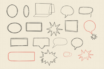 Hand drawn speech bubbles and geometric shapes collection on vintage graph paper background.