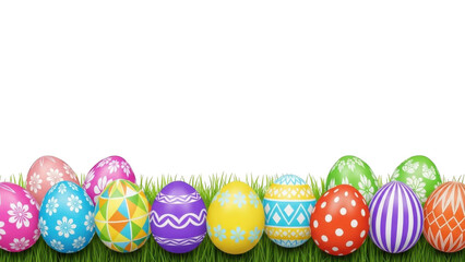 Fototapeta premium Vibrant Patterned Easter Eggs Nestled in Green Grass Spring Border on transparent background