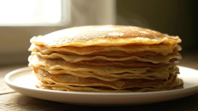 Stack of thin pancakes on white plate in natural light