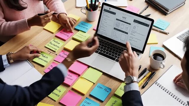 Collaborative UX Design Brainstorming Session - Team working on a laptop with sticky notes outlining user flows feature prioritization and mobile responsiveness concepts