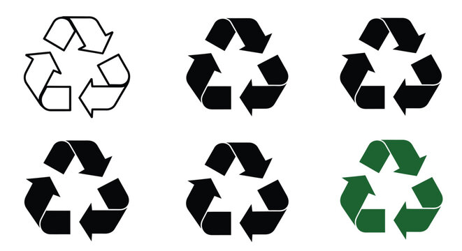 Variations of the recycling symbol in different colors and styles