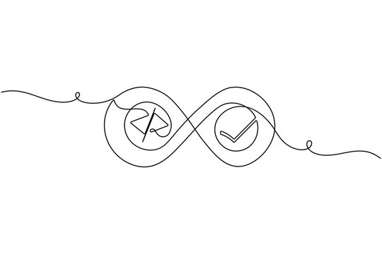 DevOps CI CD workflow process infinity loop with approval check mark and code bracket icon continuous one line drawing minimalist software delivery pipeline tick symbol outline vector illustration