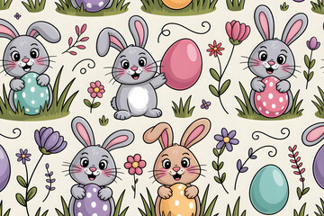Easter bunnies holding decorated eggs seamless pattern