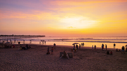 Panoramic aerial drone photo of a beautiful sunset over Pimentel, Chiclayo, northern Peru, a coastal tourism destination for travel and summer vacations