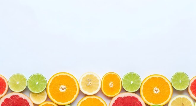 Bright citrus fruit slices arranged along the bottom edge of a clean white background for vibrant design.