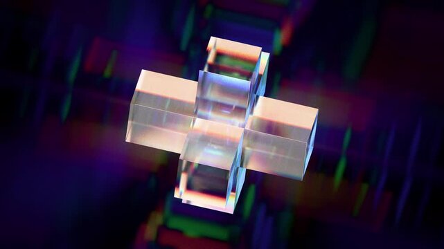 Looped dynamic animation of a 3d figure made of liquid glass material. Animation with rays of light refraction with the effect of gradient color transition. Animation of a glass figure with the effect