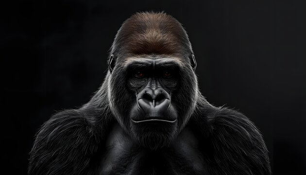 Powerful portrait of a silverback gorilla head looking forward on dark moody background, high contrast animal photography