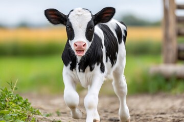 Holstein calf running playfully on a rural farm