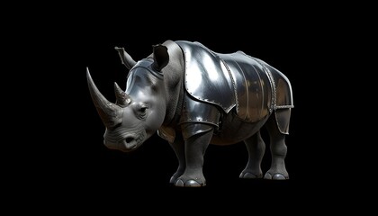 Obraz premium Armored rhinoceros with futuristic silver plating isolated on black background, cybernetic animal concept art