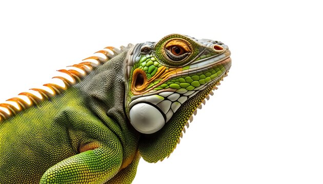 Close-up portrait of a vibrant green iguana head isolated on white background, detailed reptile skin texture