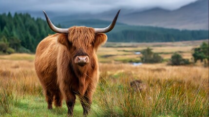 Highland cow standing in a scottish landscape