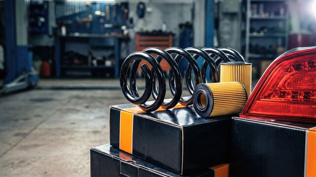 Set of new car spare parts and accessories in an auto repair service garage workshop interior