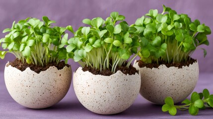 Obraz premium Microgreens growing in speckled eggshell pots recycling concept