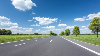Open highway stretches toward the horizon under a bright blue sky dotted with white clouds