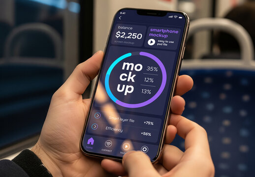 Close up of a hand holding a smartphone in a train &ndash; mockup