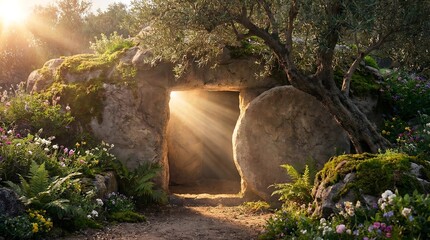 Obraz premium Cinematic Empty Tomb with Rolled Stone and Divine Light at Sunrise
