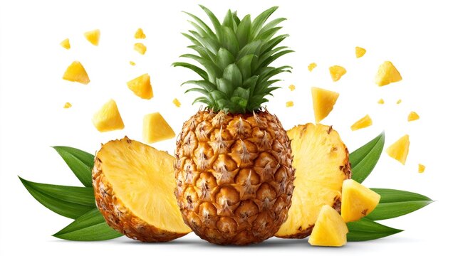 Whole and sliced pineapple with fresh chunks flying