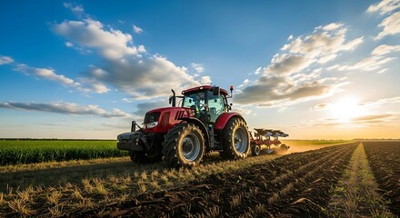 Obraz premium A red tractor plows a field under a bright sunlit sky, cultivating soil for crops