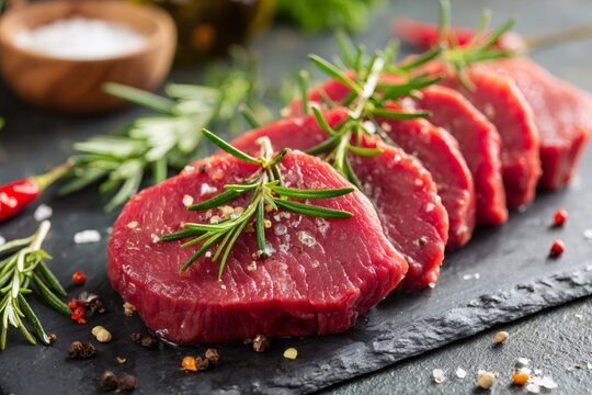 Raw beef steaks seasoned with rosemary and peppercorns