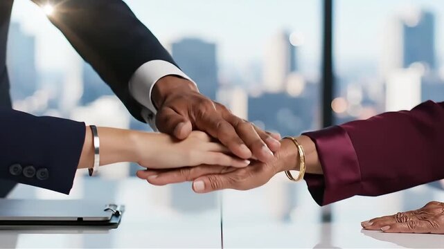 Diverse business partners clasp hands over a modern conference table symbolizing collaboration trust and successful teamwork with a vibrant city skyline backdrop
