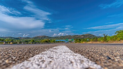 Low angle view of an open highway stretching towards rolling, tree-covered hills under a vibrant blue sky