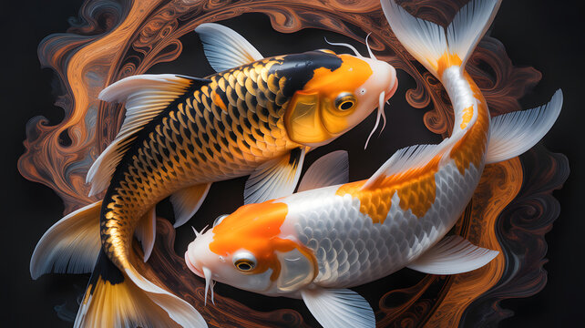 Two colorful koi fish swimming in an ornate circular pattern with black background