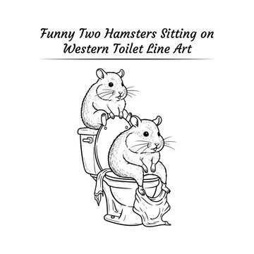 Funny two hamsters sitting on toilet coloring page for kids, cute bathroom humor rodent vector line art cartoon, printable friends clipart illustration