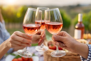 Fototapeta premium Friends toasting with rose wine during outdoor picnic