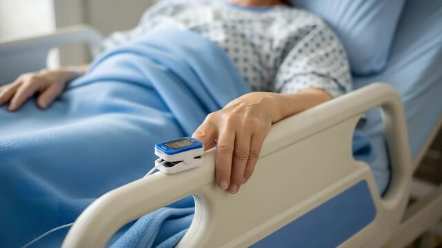 Patient in hospital bed with pulse oximeter on finger for monitoring health
