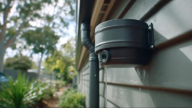 Rainwater collection system installed on modern home exterior  