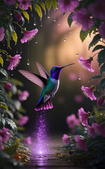 Obraz premium A vibrant hummingbird hovers near purple flowers in a lush, green environment.