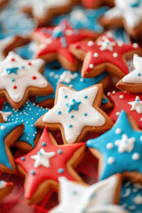 Obraz premium Colorful star-shaped cookies decorated with red, white, and blue icing, perfect for patriotic celebrations and festive occasions.