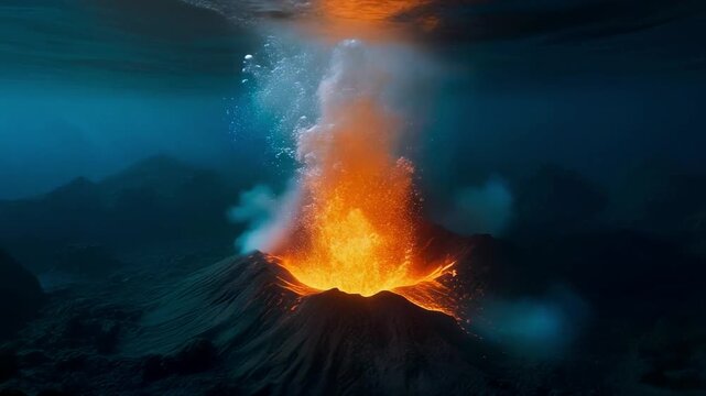 The Deep Sea Core: Glowing magma plume rising in dark ocean water, underwater volcano loop, 8K