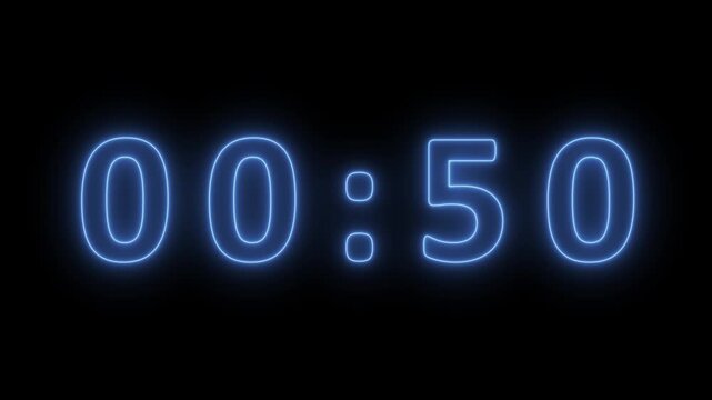 Cool blue neon digital timer displaying 00 minutes and 52 seconds with a soft luminous effect on a black background, symbolizing time and technology