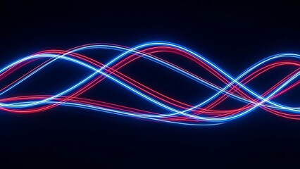 Abstract lines of blue and red light curve across a dark background, creating dynamic patterns