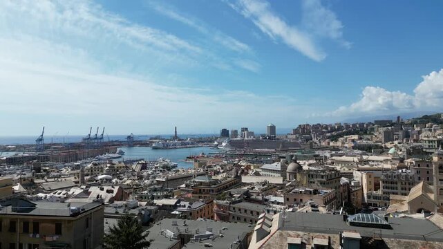 Aerial view of Genoa harbor and Lanterna lighthouse in 4K

