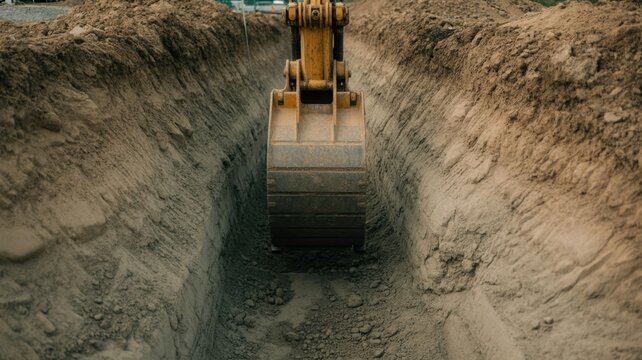 Excavator digging deep trench in brown dirt construction site