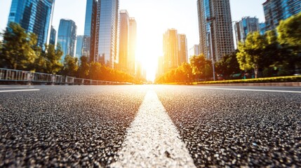 Ground level view emphasizes an asphalt roadway leading toward towering structures under bright sunlight